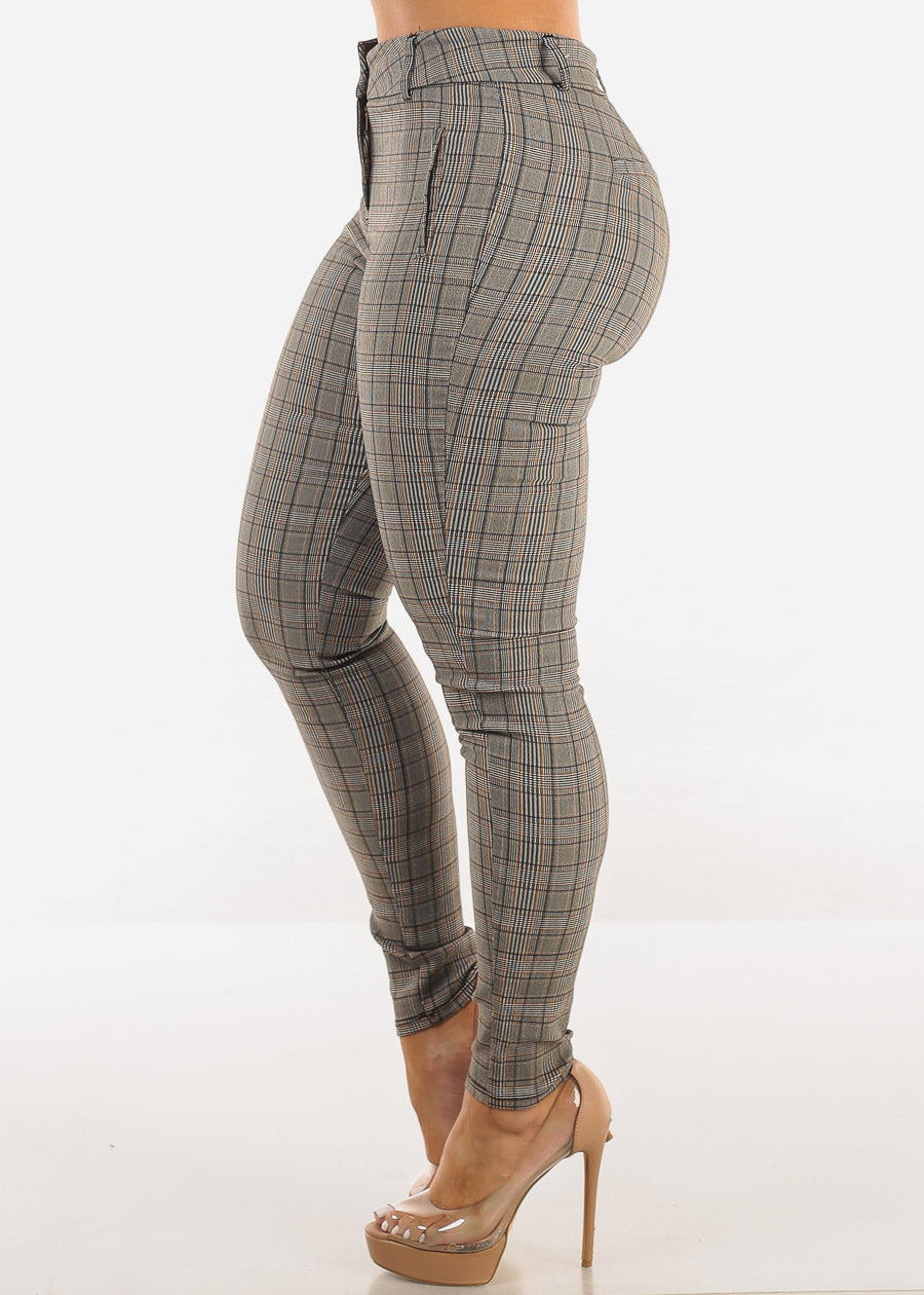 Butt Lift High Waist Plaid Skinny Pants Brown