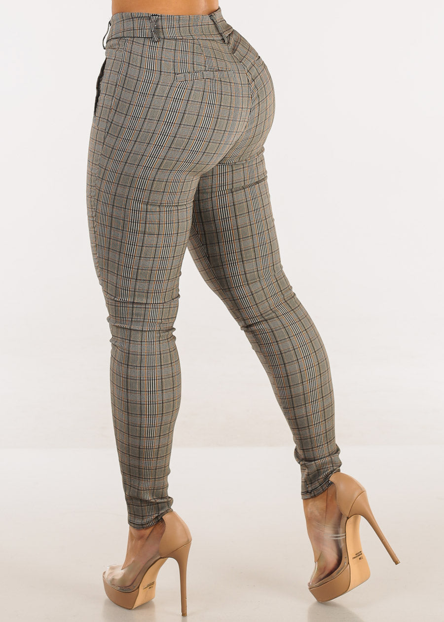 Butt Lift High Waist Plaid Skinny Pants Brown