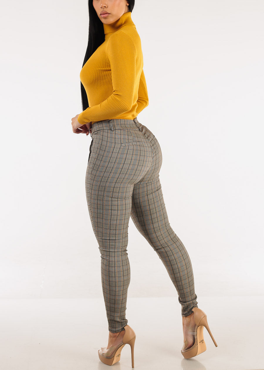 Butt Lift High Waist Plaid Skinny Pants Brown