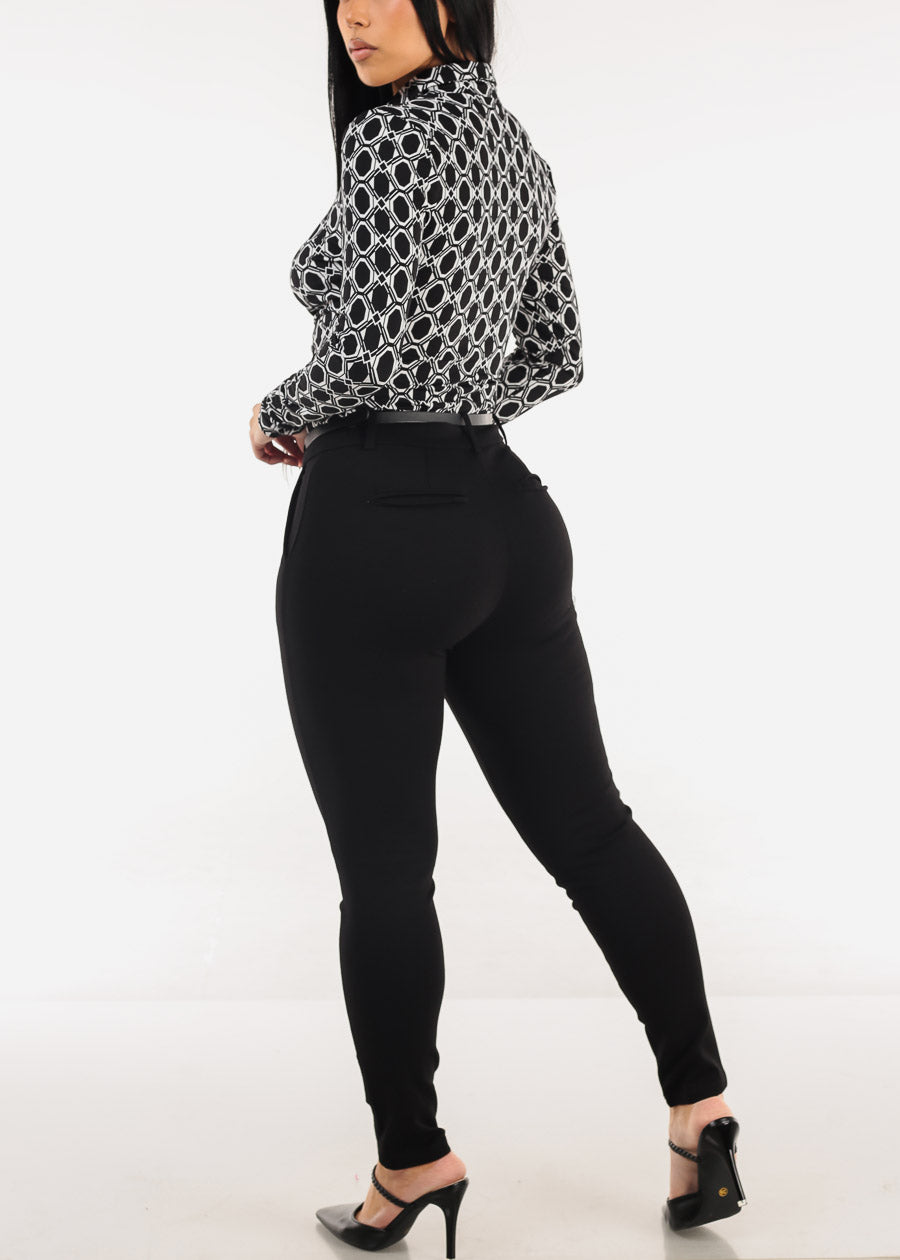Butt Lift Black Mid Rise Dressy Ankle Pants w Belted