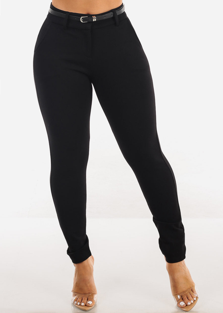 Black Belted Mid Rise Dressy Ankle Pants