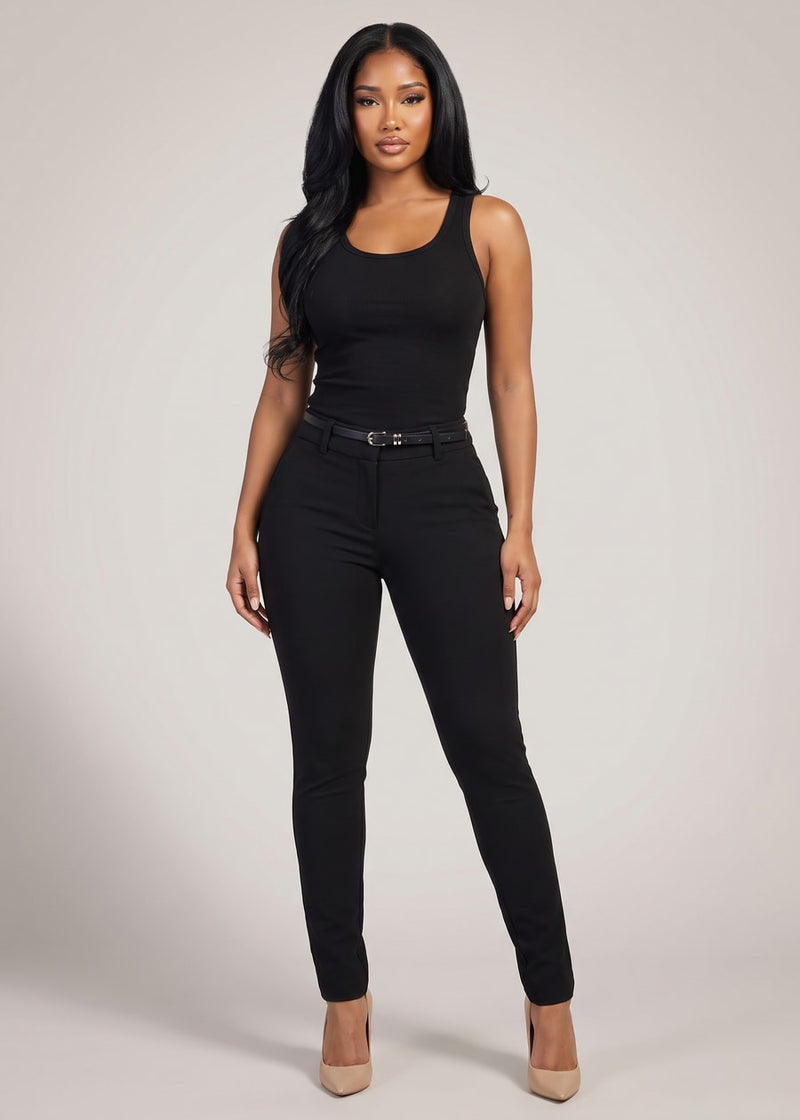 Butt Lift Black Mid Rise Dressy Ankle Pants w Belted