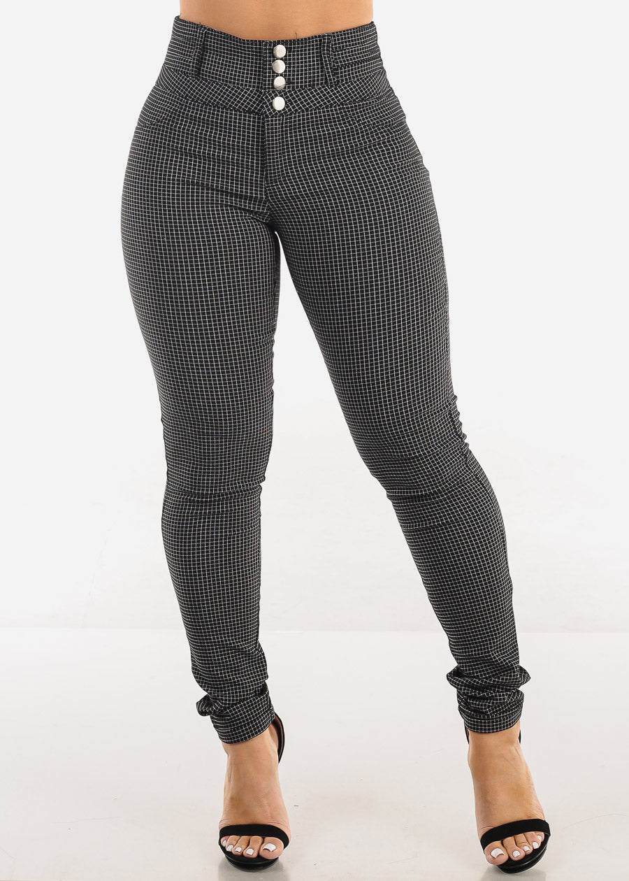 High Waist Black Plaid Skinny Pants