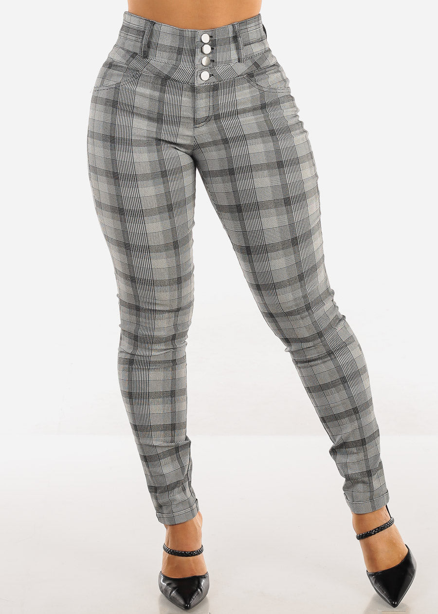 Super High Waist Plaid Skinny Pants B&W