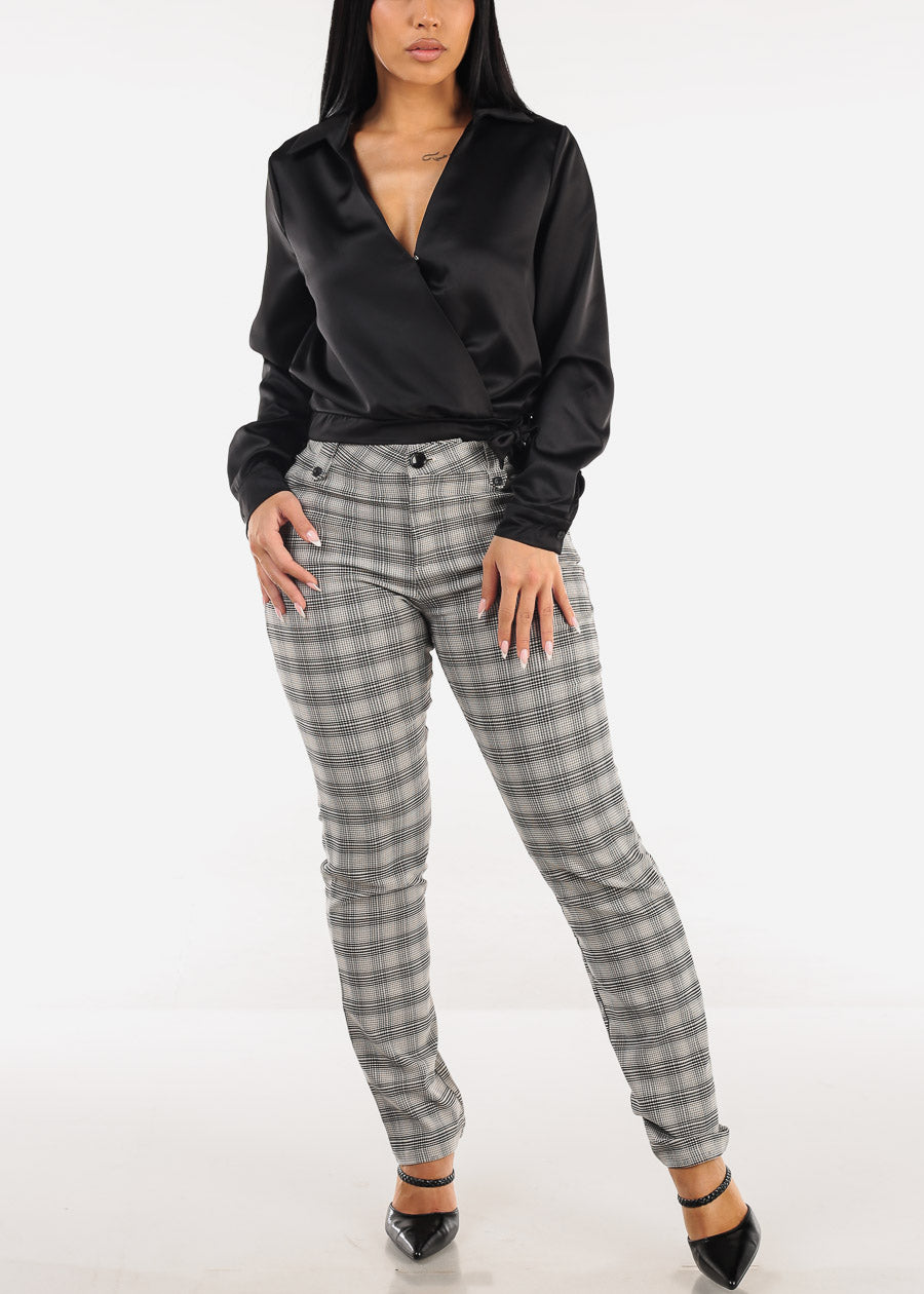 Butt Lift High Waist Plaid Straight Leg Pants Black