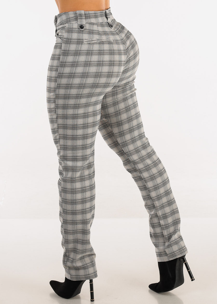 Butt Lift High Waist Plaid Straight Leg Pants Black