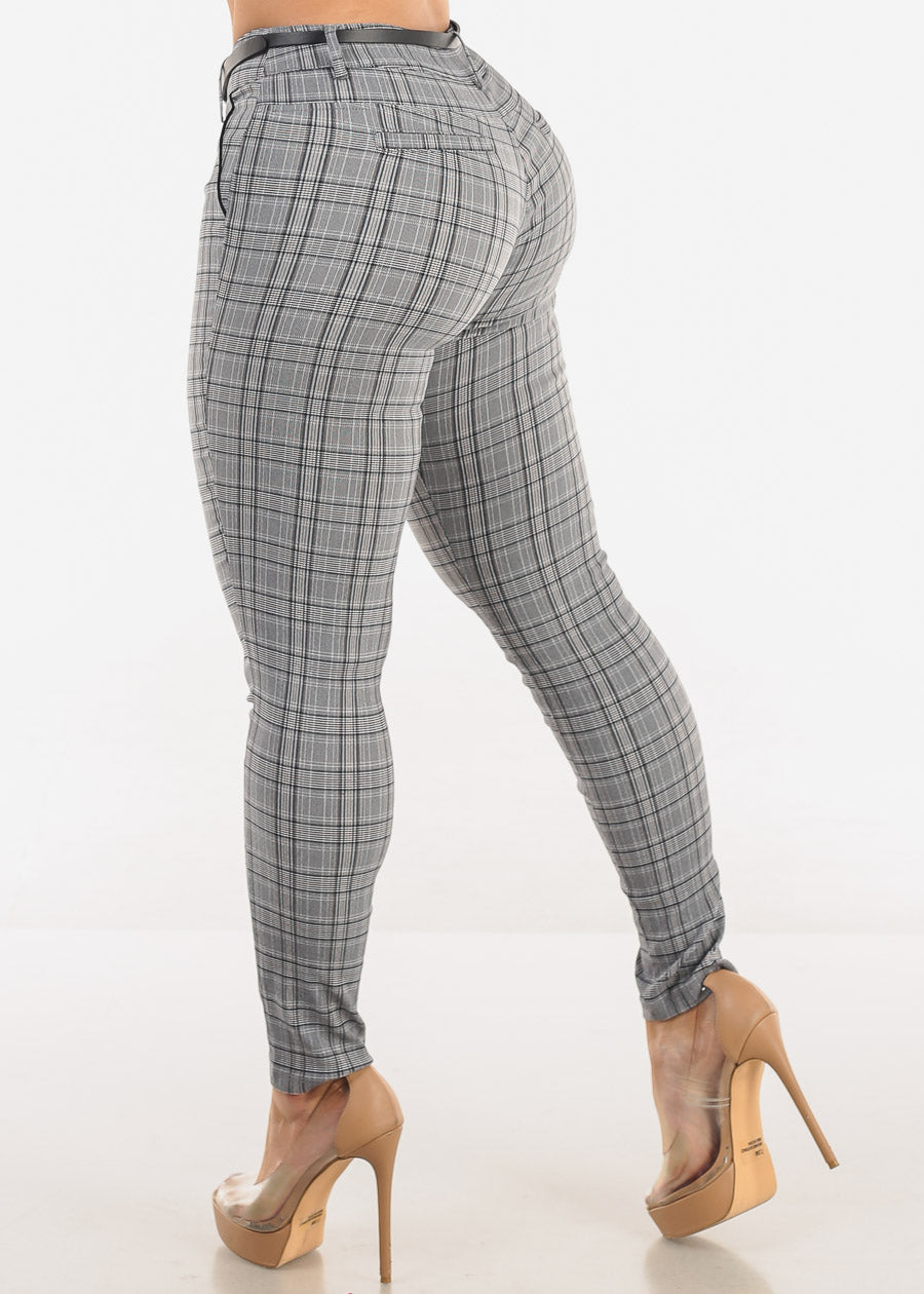 Butt Lift High Waist Plaid Skinny Pants w Belt