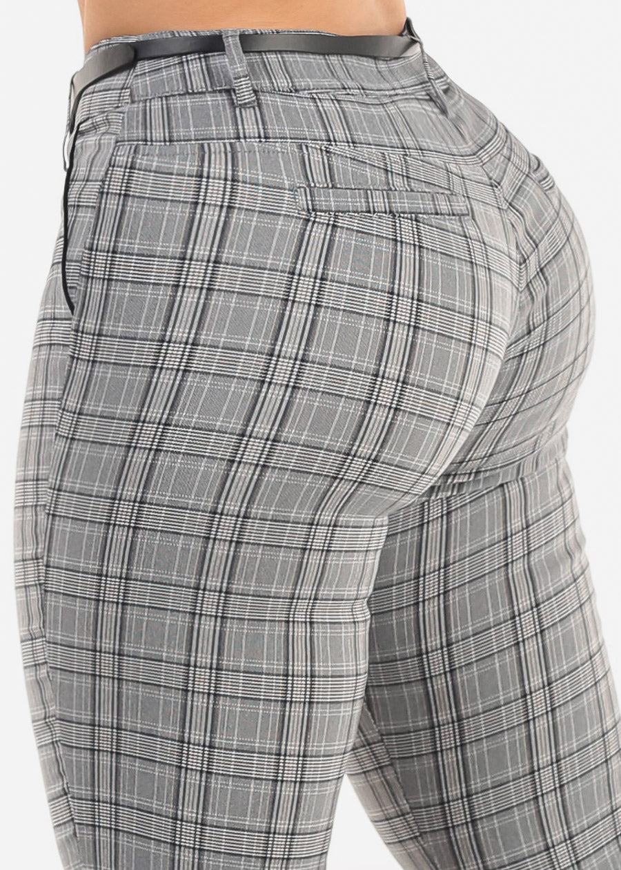 Butt Lift High Waist Plaid Skinny Pants w Belt