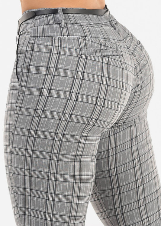 Butt Lift High Waist Plaid Skinny Pants w Belt