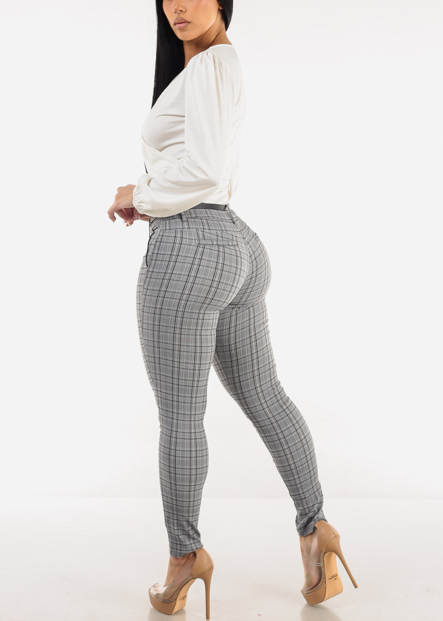 Butt Lift High Waist Plaid Skinny Pants w Belt