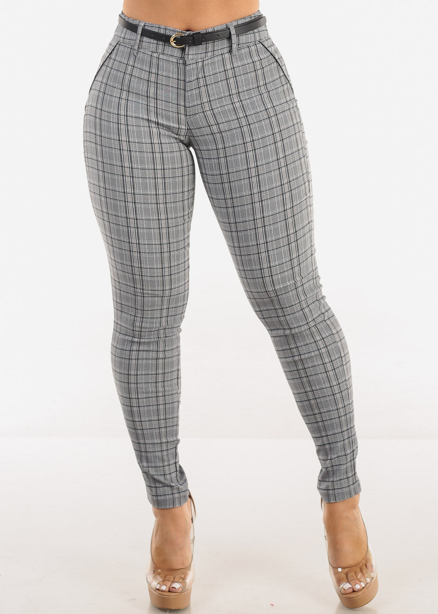 High Waist Plaid Skinny Pants w Belt