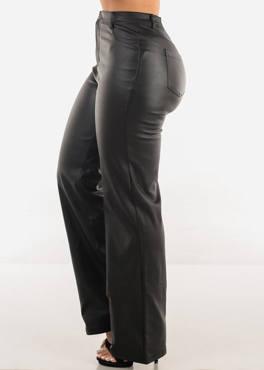 Black High Waist Coated Leather Pants