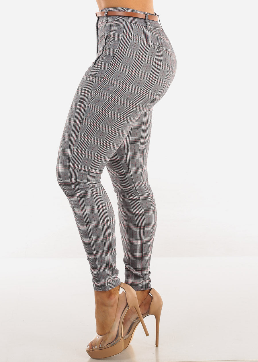 Belted High Waist Plaid Skinny Pants Navy