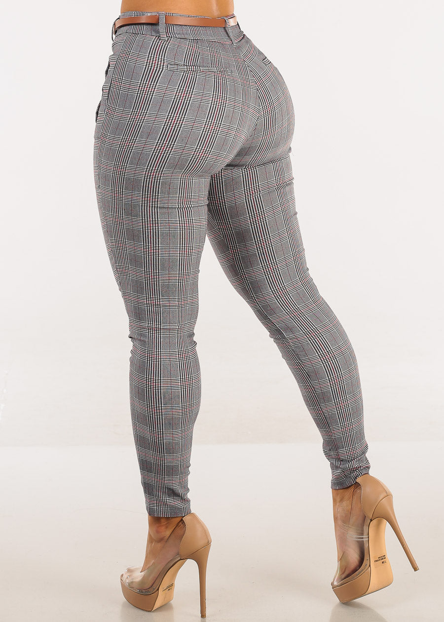 Belted High Waist Plaid Skinny Pants Navy