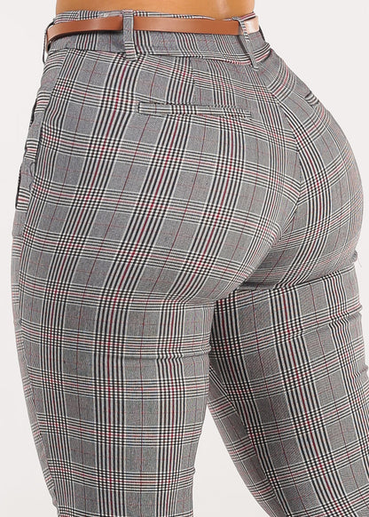 Butt Lift Belted High Waist Plaid Skinny Pants Navy