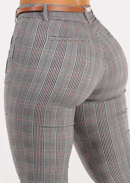 Butt Lift Belted High Waist Plaid Skinny Pants Navy