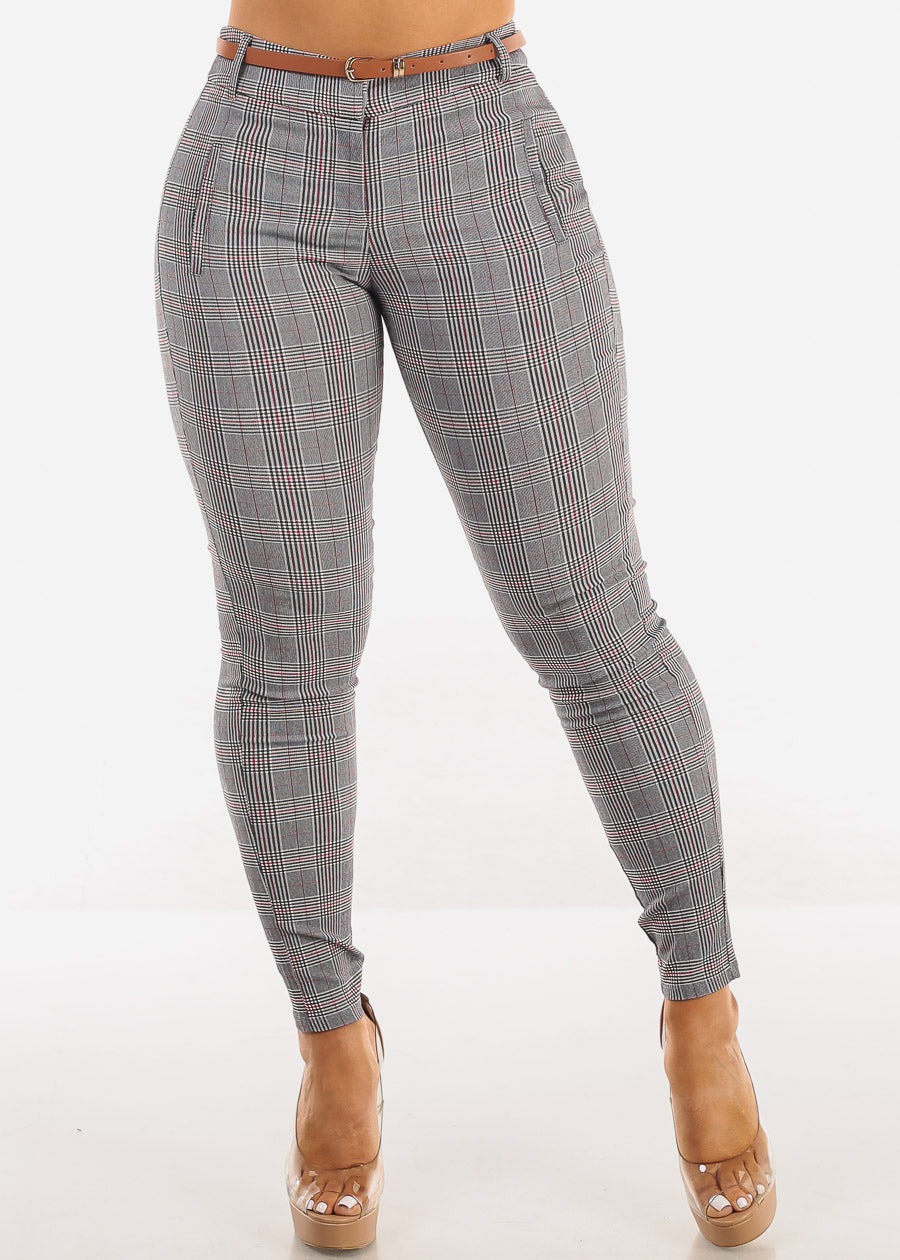 Belted High Waist Plaid Skinny Pants Navy