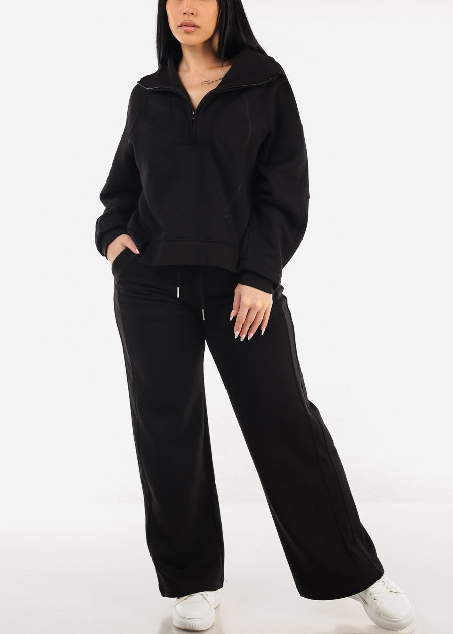 High Waist Wide Leg Fleece Sweatpants Black