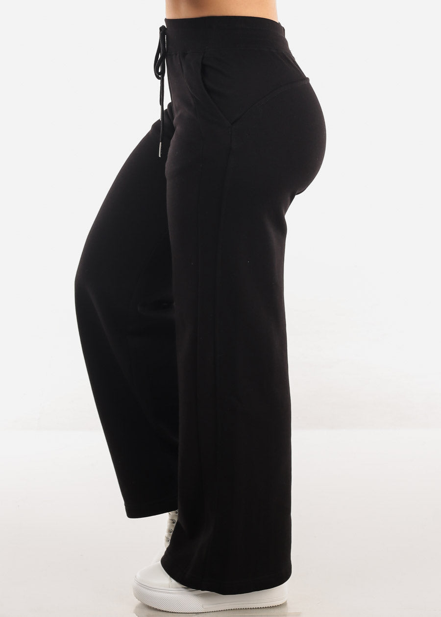 High Waist Wide Leg Fleece Sweatpants Black