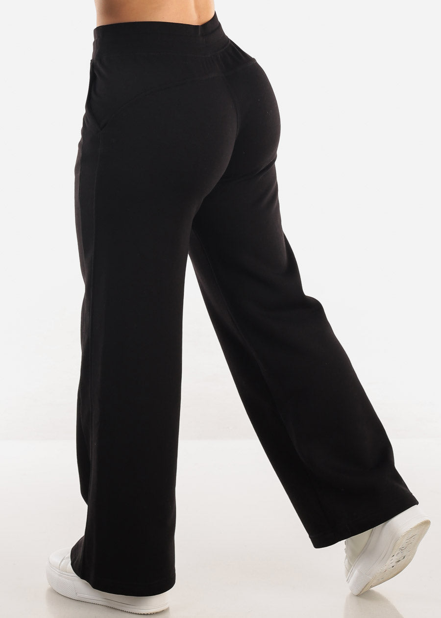 High Waist Wide Leg Fleece Sweatpants Black