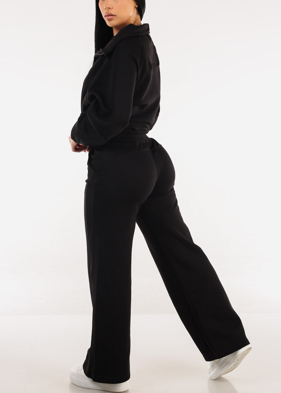 High Waist Wide Leg Fleece Sweatpants Black