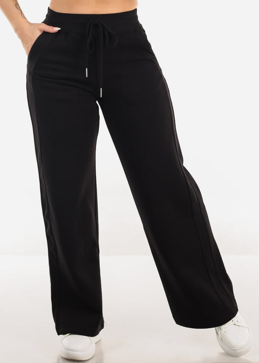 High Waist Wide Leg Fleece Sweatpants Black