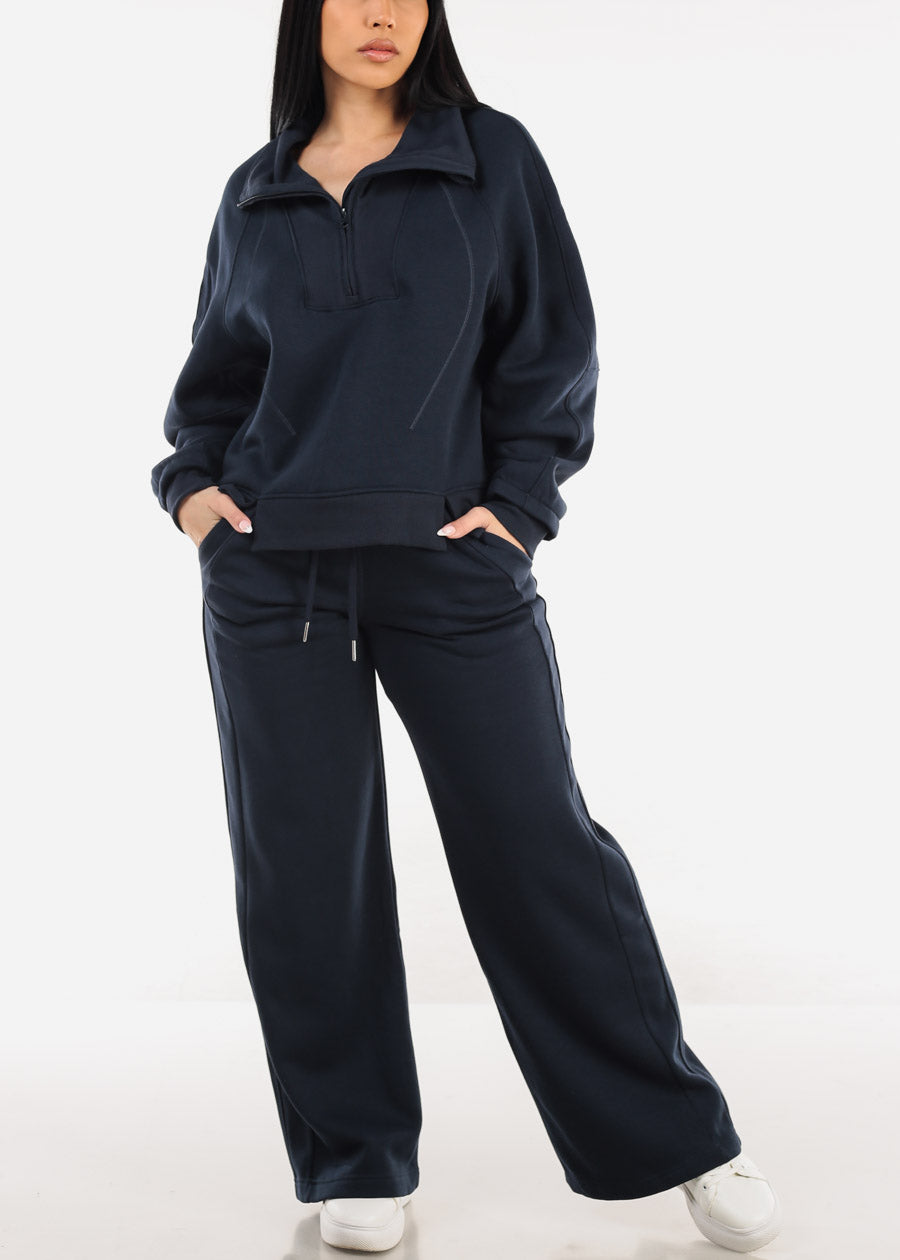 High Waist Wide Leg Fleece Sweatpants Navy