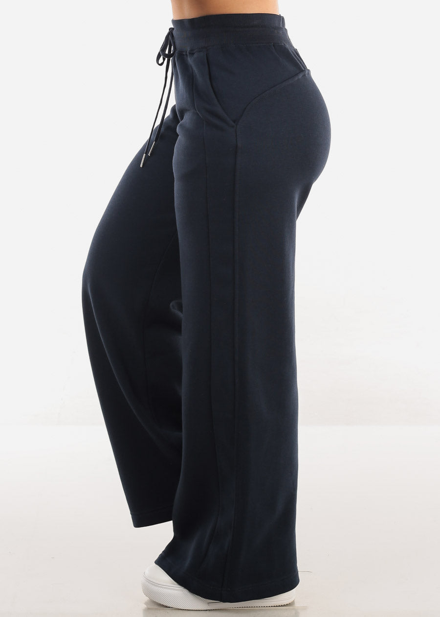 High Waist Wide Leg Fleece Sweatpants Navy