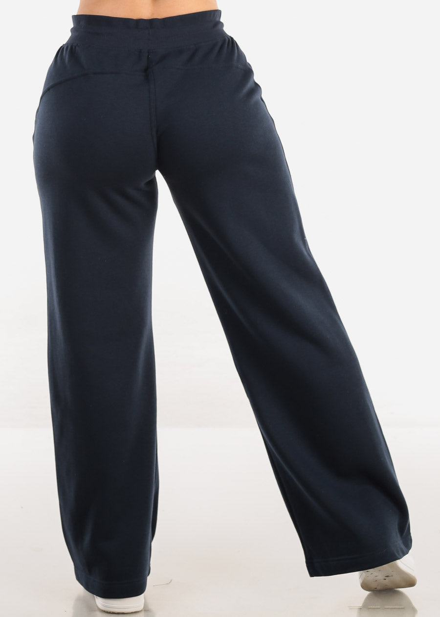 High Waist Wide Leg Fleece Sweatpants Navy