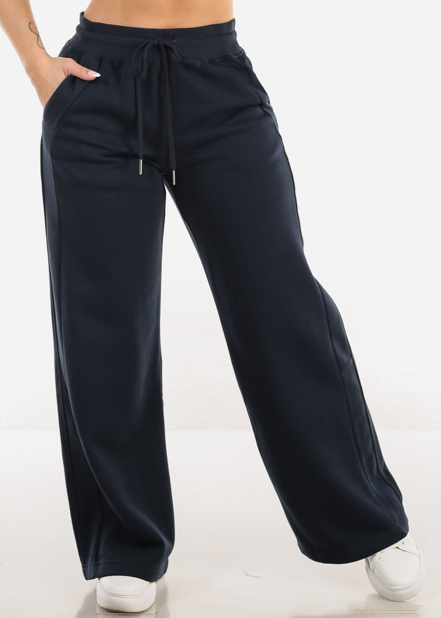 High Waist Wide Leg Fleece Sweatpants Navy