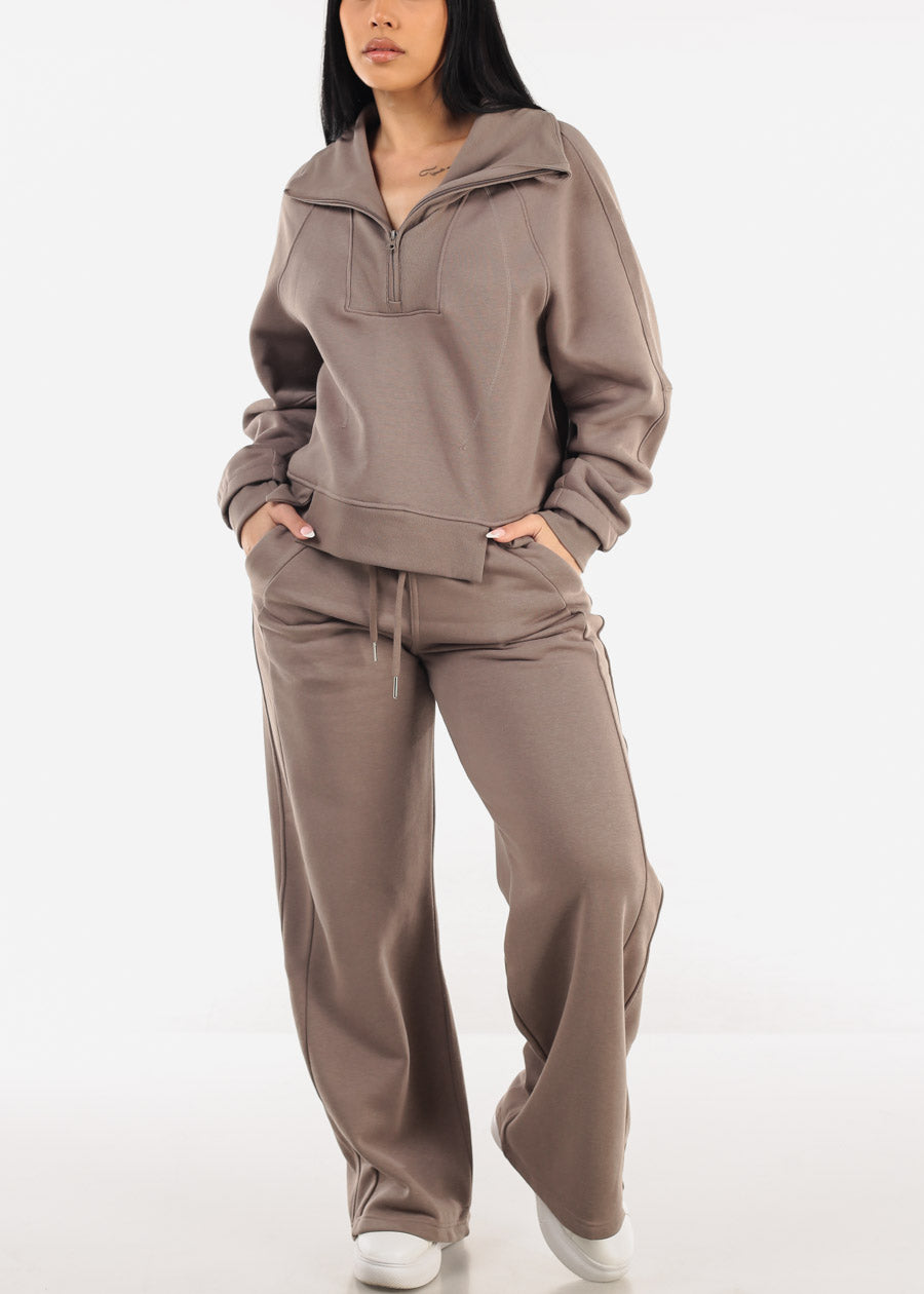 High Waist Wide Leg Fleece Sweatpants Mocha