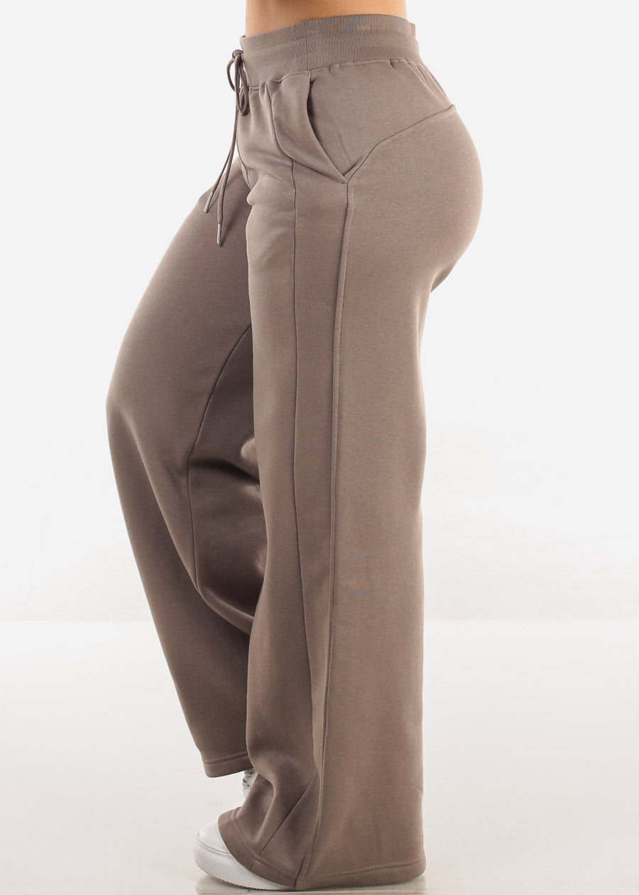 High Waist Wide Leg Fleece Sweatpants Mocha