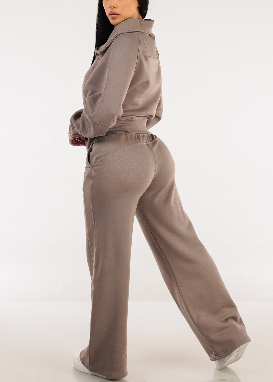 High Waist Wide Leg Fleece Sweatpants Mocha