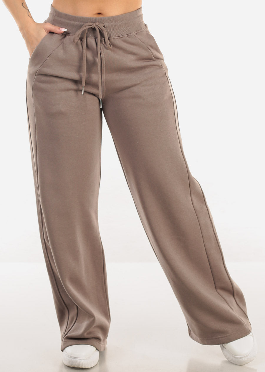 High Waist Wide Leg Fleece Sweatpants Mocha