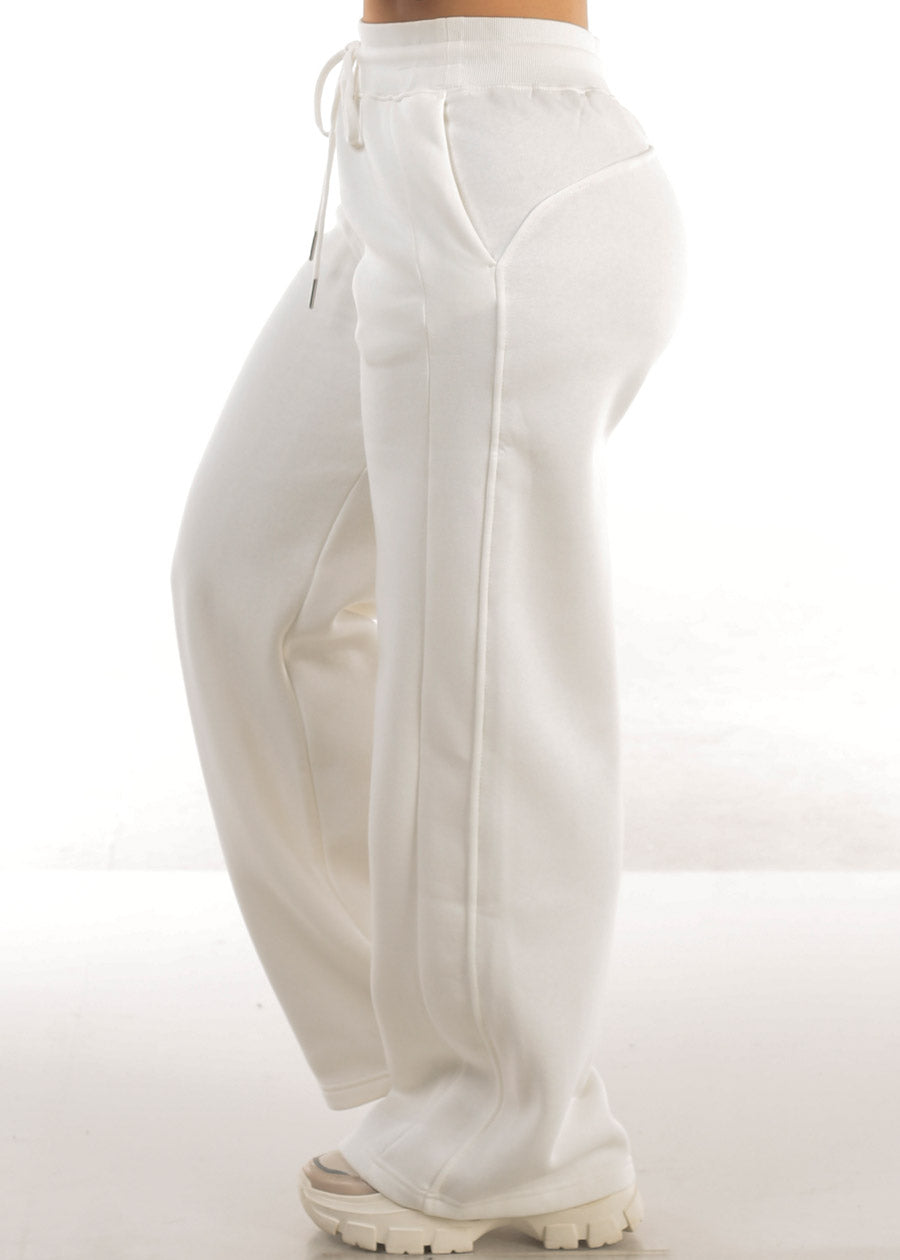 White High Waist Wide Leg Fleece Sweatpants