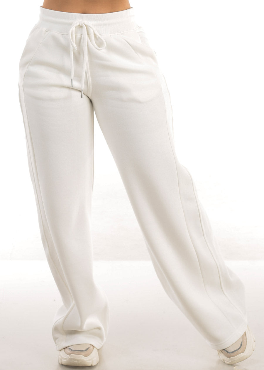 White High Waist Wide Leg Fleece Sweatpants