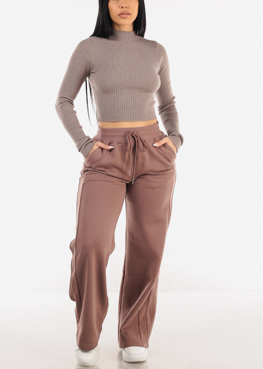 High Waist Wide Leg Fleece Sweatpants Light Maroon