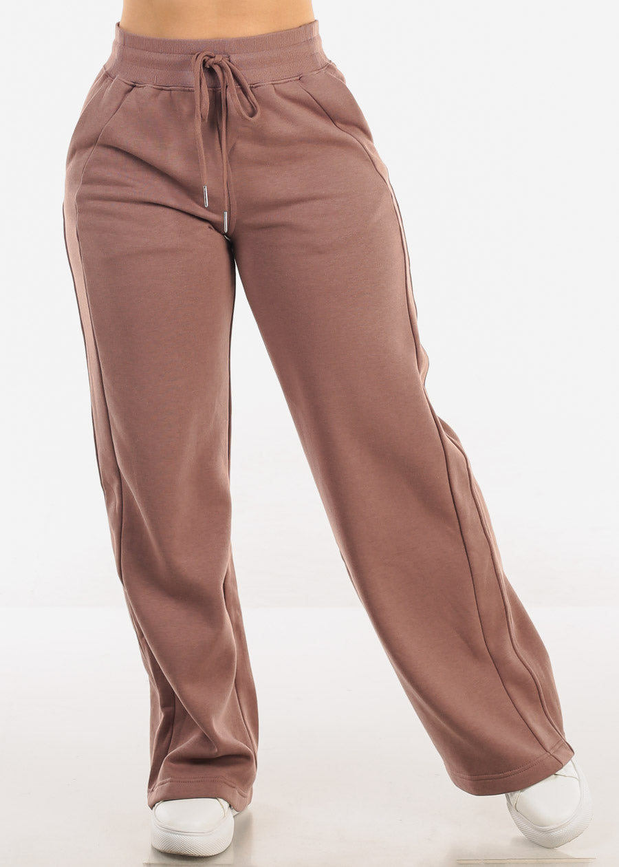 High Waist Wide Leg Fleece Sweatpants Light Maroon