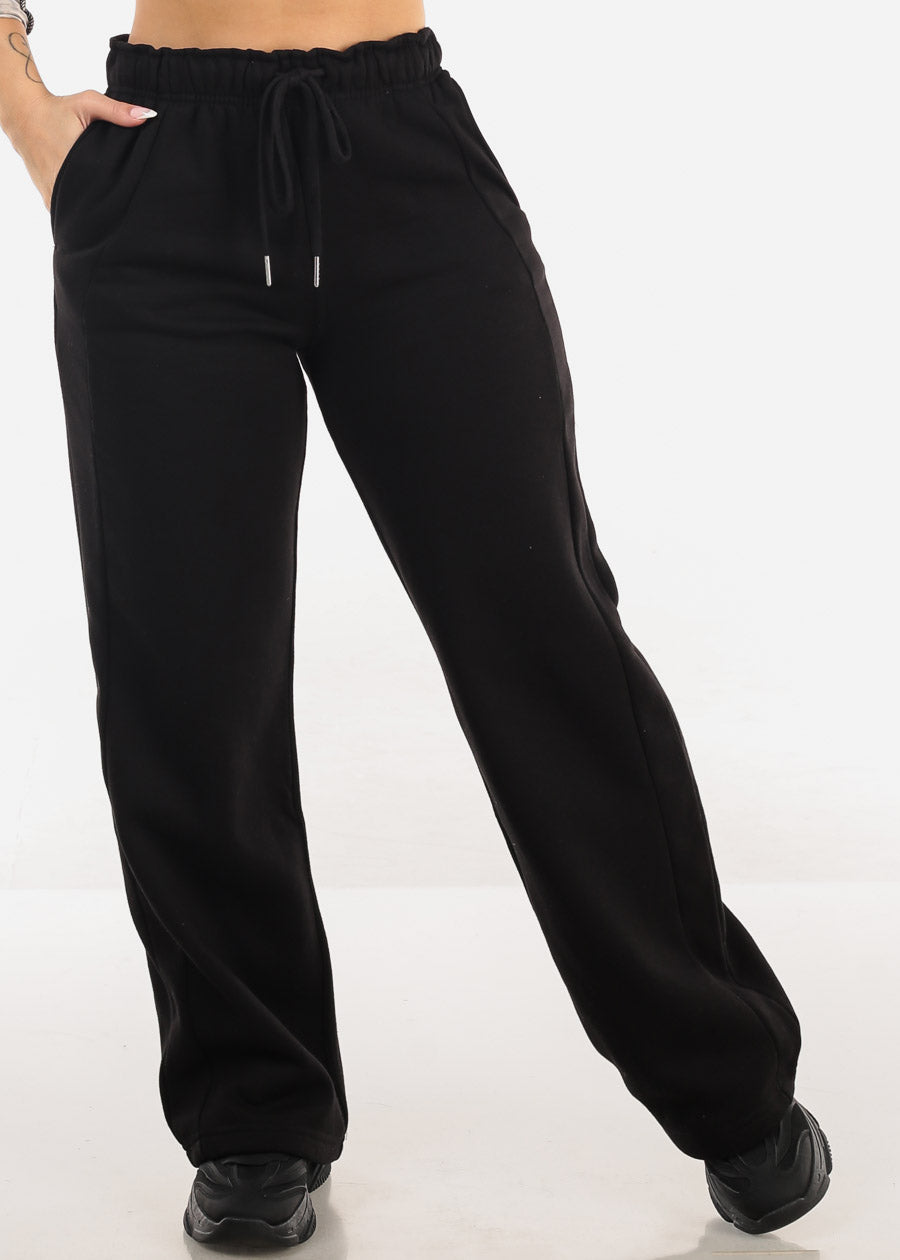 Elastic Waistband Wide Leg Sweatpants Black