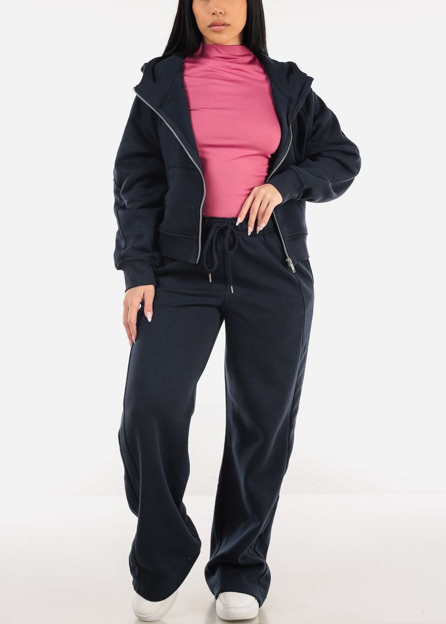 Elastic Waistband Wide Leg Sweatpants Navy