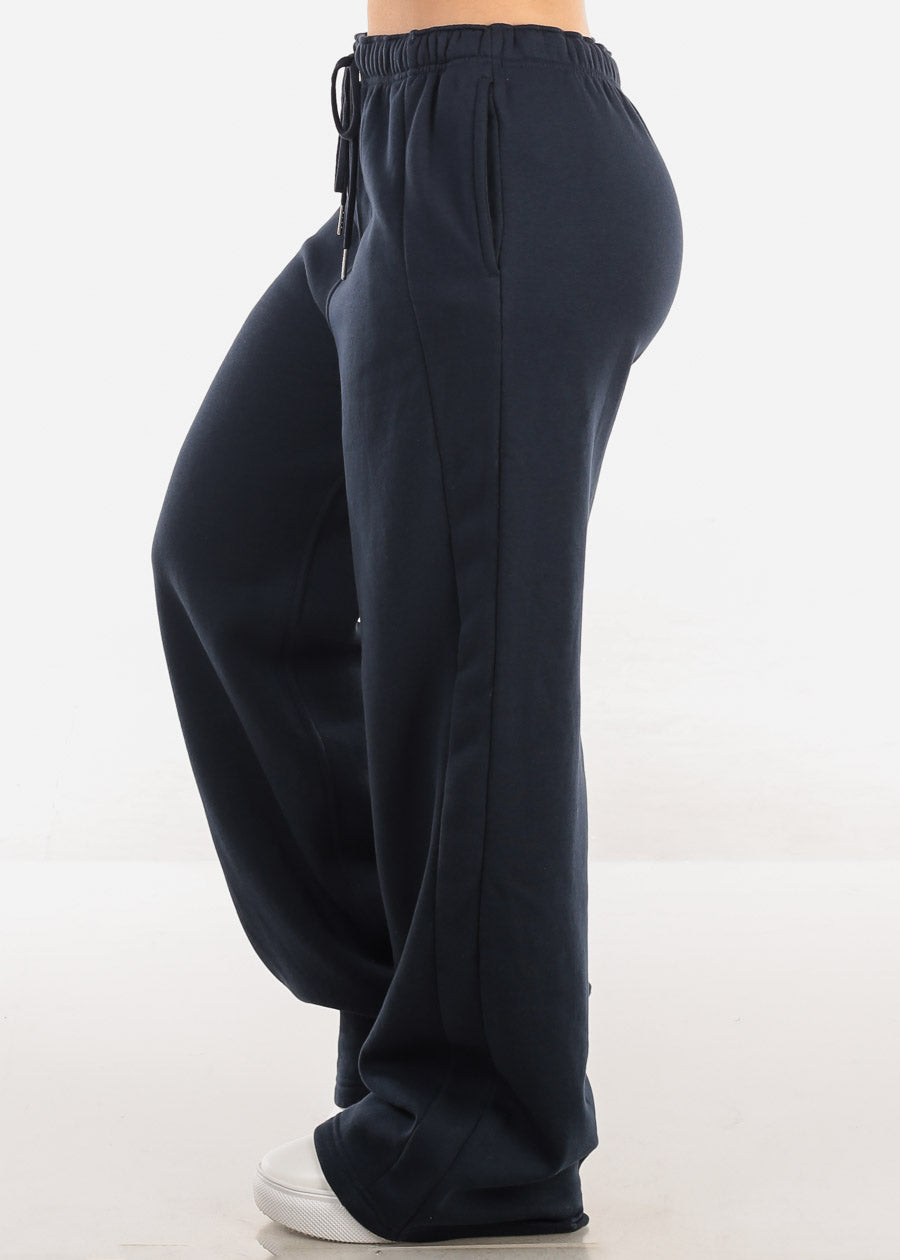 Elastic Waistband Wide Leg Sweatpants Navy