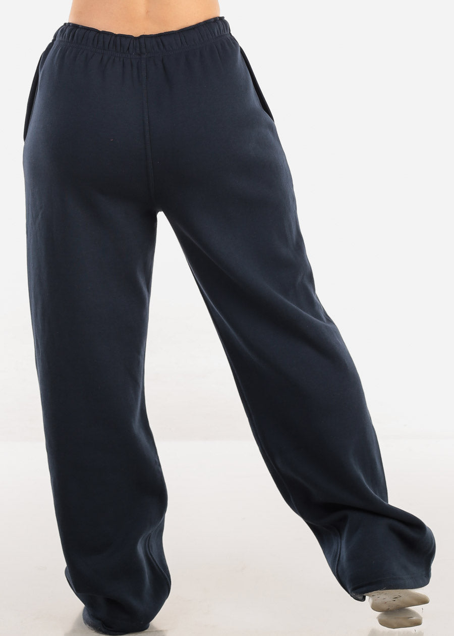 Elastic Waistband Wide Leg Sweatpants Navy