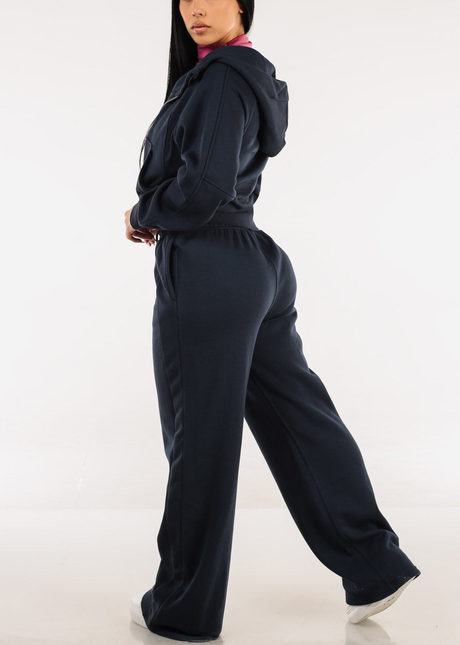 Elastic Waistband Wide Leg Sweatpants Navy