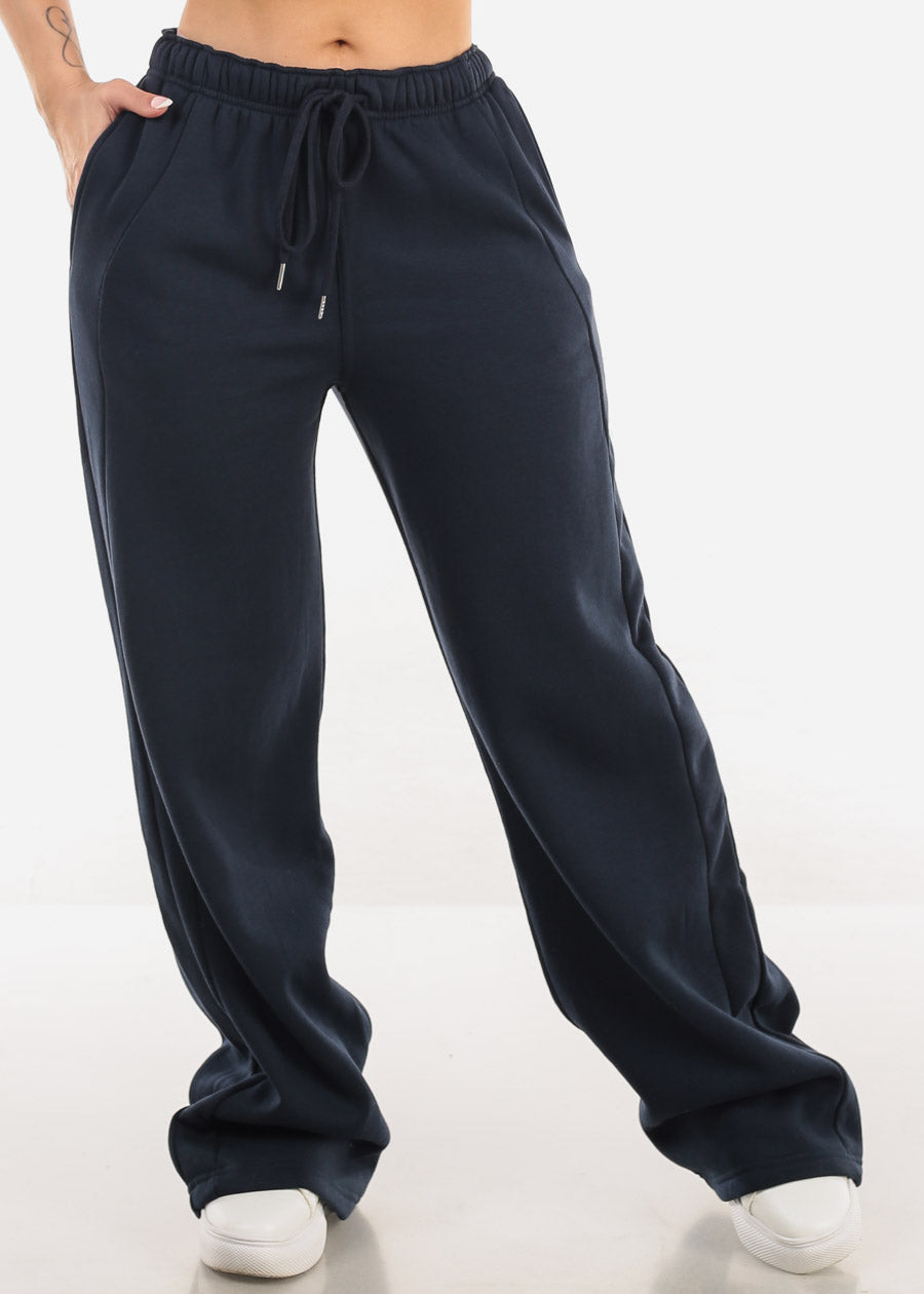 Elastic Waistband Wide Leg Sweatpants Navy