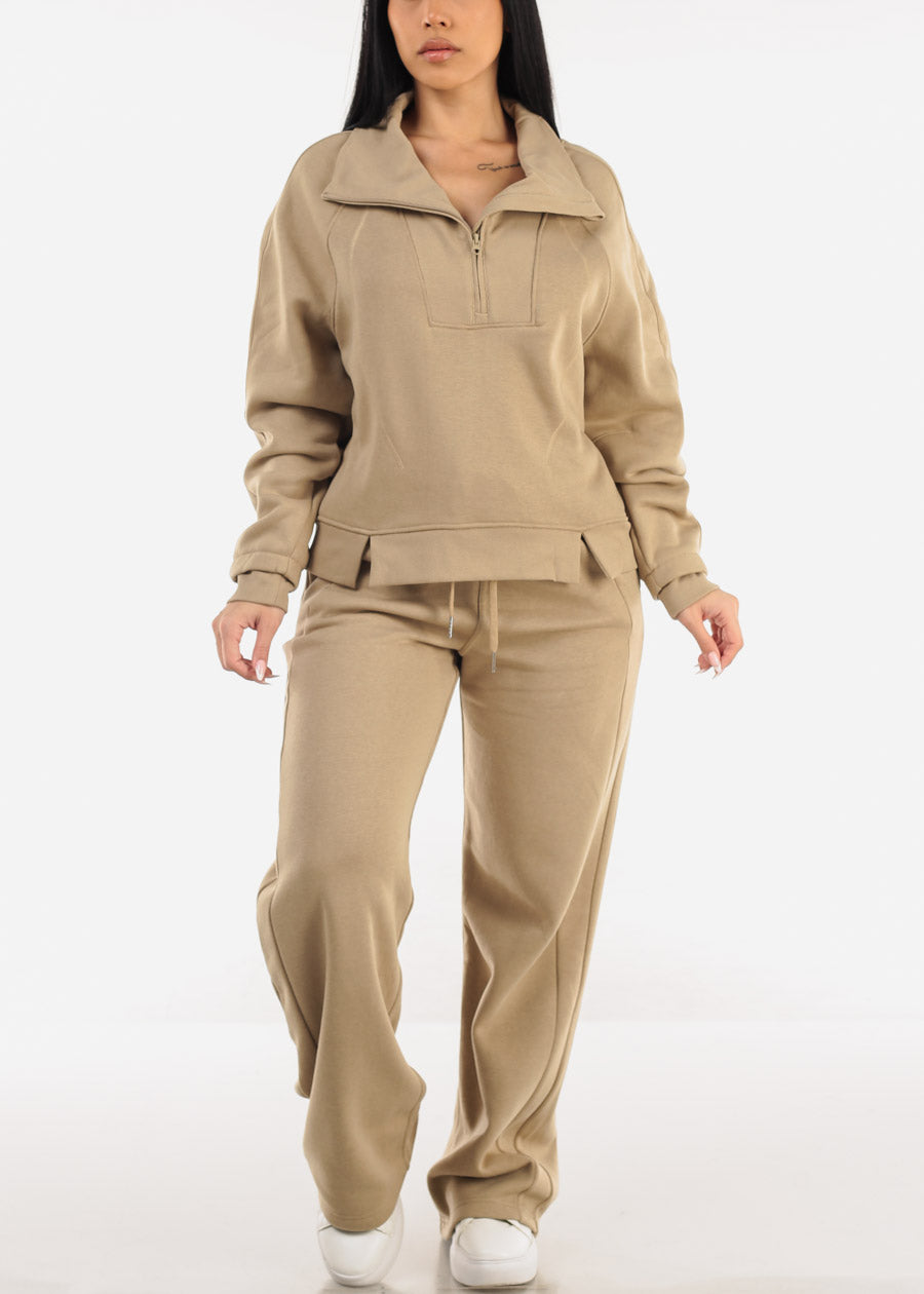 Elastic Waistband Wide Leg Sweatpants Khaki