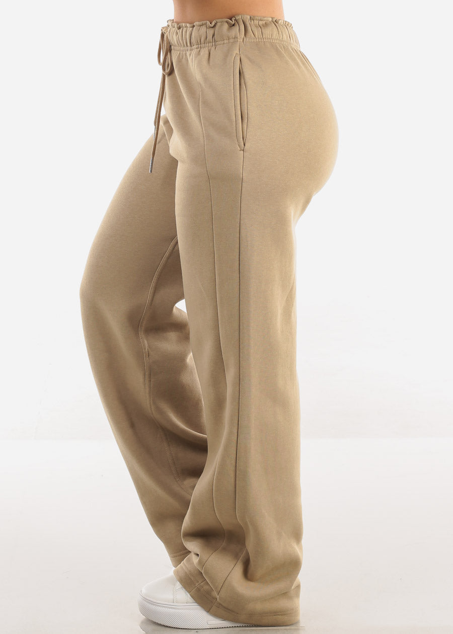 Elastic Waistband Wide Leg Sweatpants Khaki