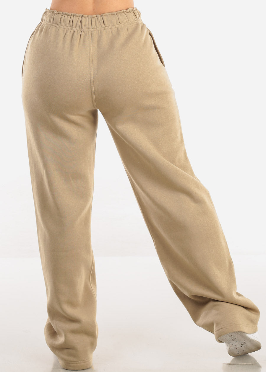 Elastic Waistband Wide Leg Sweatpants Khaki