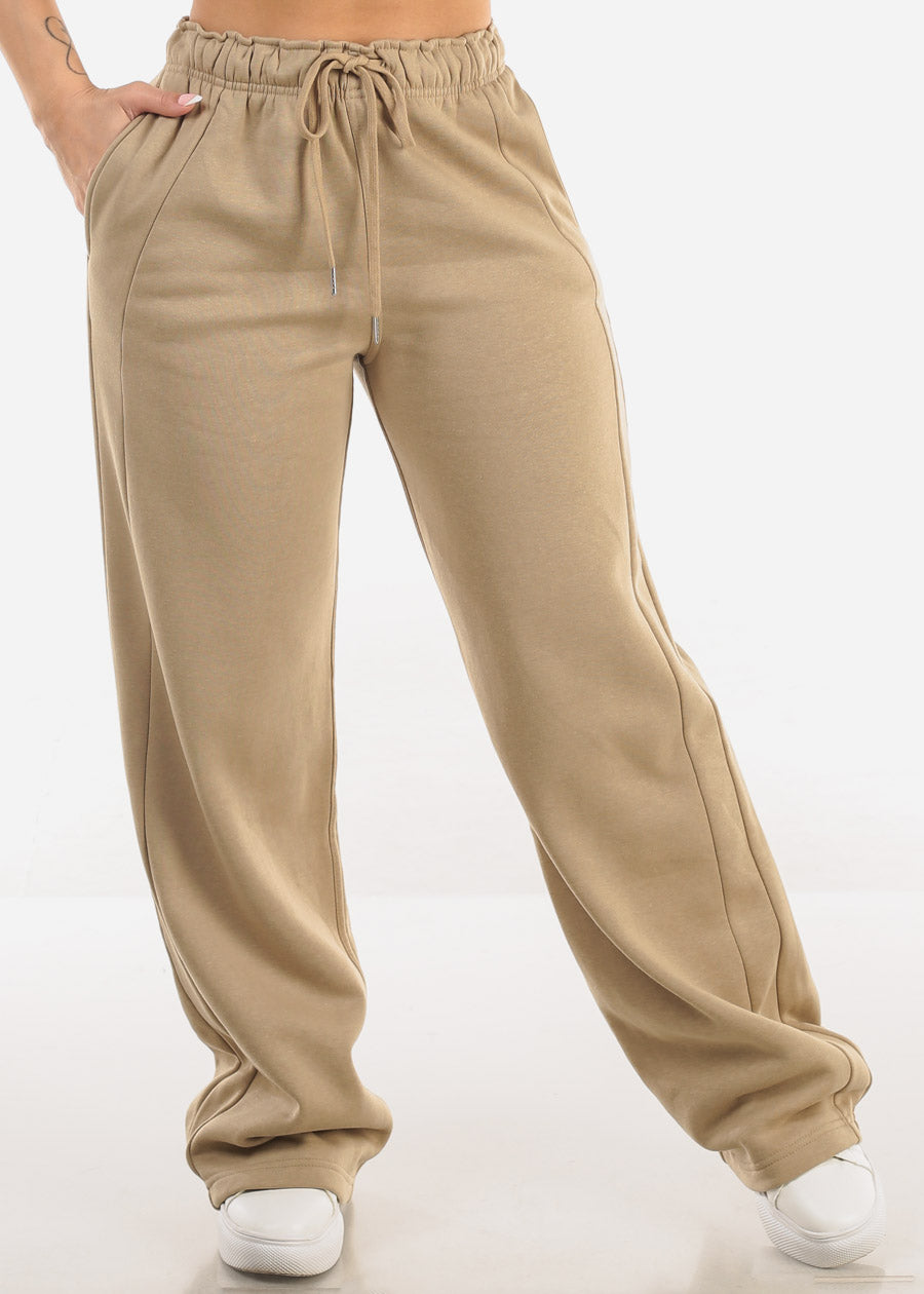 Elastic Waistband Wide Leg Sweatpants Khaki