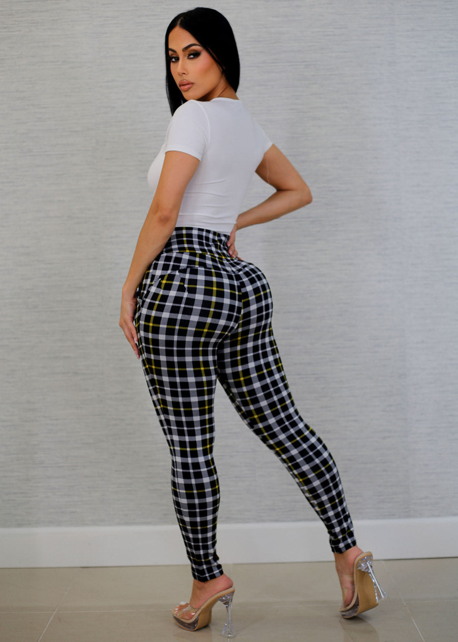 High Waisted Butt Lift Stretchy Plaid Skinny Pants w Pockets