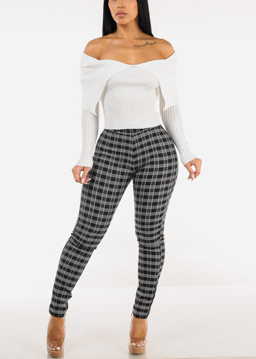 High Waist Plaid Skinny Pants Black